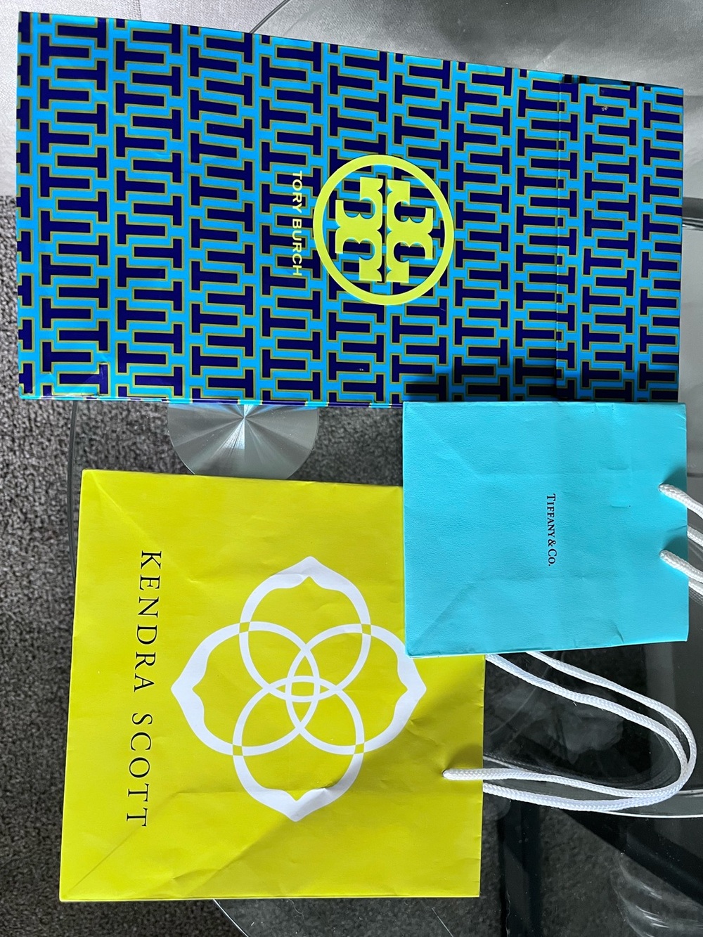 Tory Burch Blue & Neon Lime Patterned Gift Bag/Tiffany & Co. /Kendra Scott